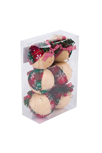 OEM Set of Red Beige Checkered Christmas Baubles 8cm - 6pcs