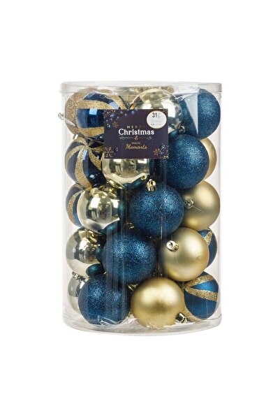 OEM Set Globuri de Craciun Albastre Aurii Mate Stralucitoare cu Glitter Ø7cm & Beteala - 31buc