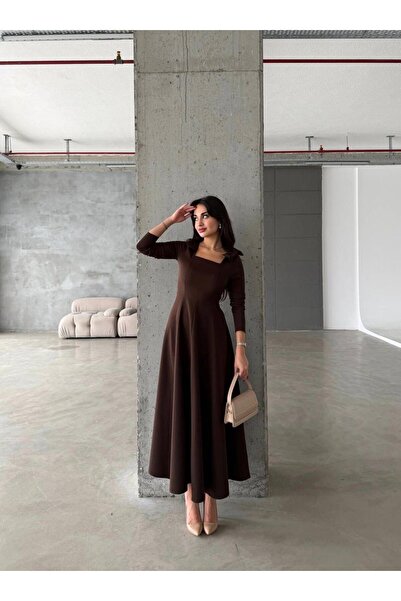 mafdress Women's Bow Detail Brown Square Neck Long Evening Dress