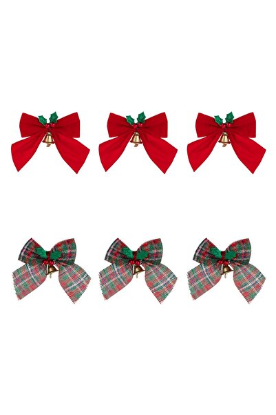 OEM Set of Red, Green, and Checkered Christmas Velvet Decorative Bows with Mistletoe 9x9cm - 6pcs