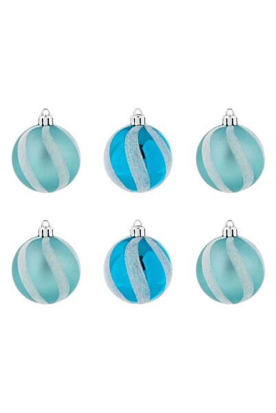 OEM Set of Turquoise Christmas Baubles with White Stripes Matte Shiny Glitter Ø6cm - 6pcs