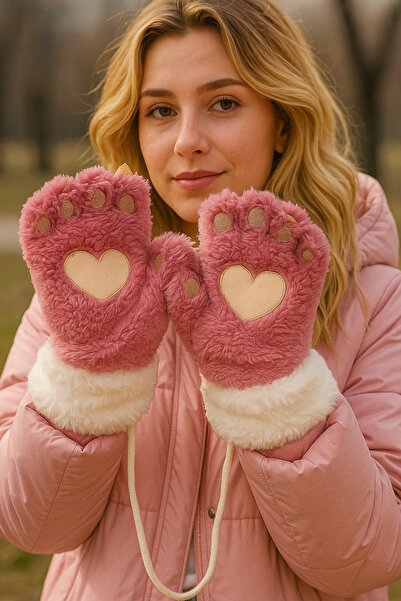 CAŞ DEKORASYON Pink and Cream Paw Strap Plush Gloves