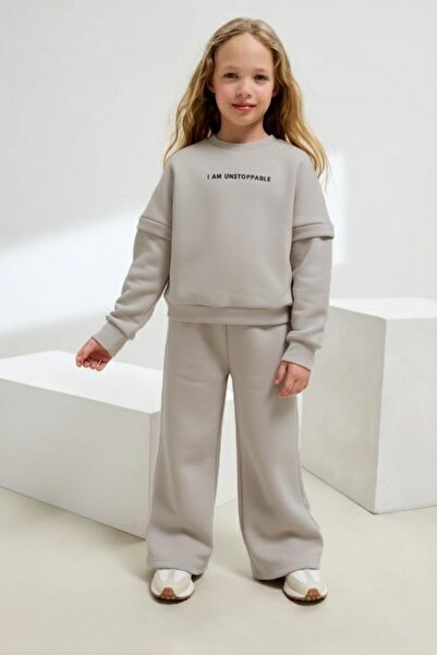 Magu Girl's Cotton Lettering Printed Sweatshirt and Palazzo Tracksuit Set