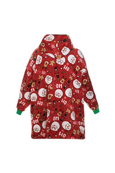 OEM Red Velvet Christmas Family Poncho with Hood & Santa Claus for Kids - One Size