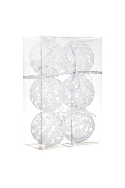 OEM Set of Iridescent White Christmas Baubles with Perforated Pattern & Glitter Ø10cm - 6pcs