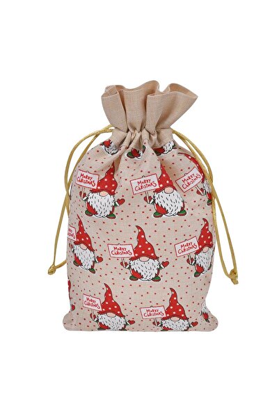 OEM Beige Textile Christmas Gift Bag with Gnome Figurines 15x24cm