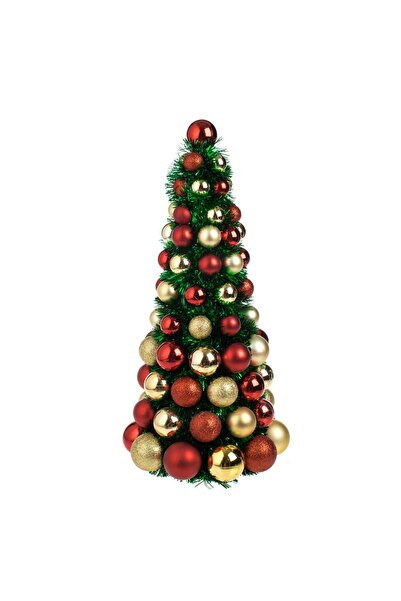 OEM Brad Decorativ de Craciun din Beteala Verde cu Globuri Rosii Aurii 45cm