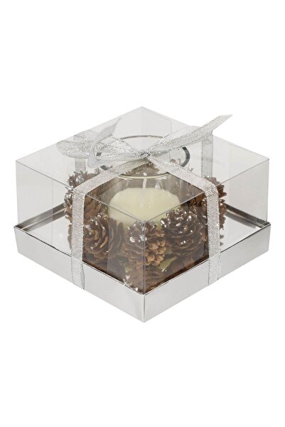 OEM Ecru Christmas Candle in Glass with Cones 9x9x5cm