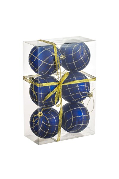 OEM Set Globuri de Craciun Albastre Mate cu Modele cu Glitter Albastru & Auriu Ø8cm - 6buc