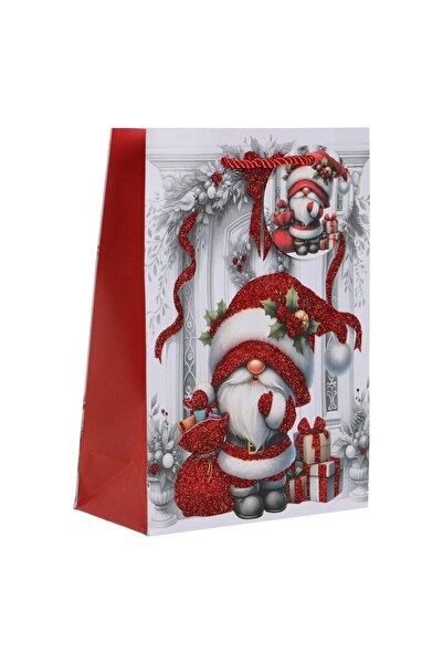 OEM Sacosa Cadou cu Model de Craciun Gnome si Glitter Rosu 18x8x24cm