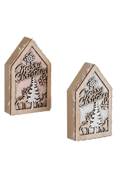 OEM Decorative Wooden Christmas House Ecru Pink Reindeer Faux Fur Flakes 11cm