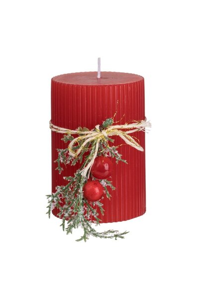 OEM Lumanare Decorativa de Craciun Rosie cu Dungi & Buchet Ø6.5x10cm