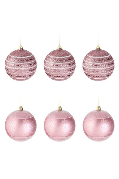 OEM Set Globuri de Craciun Roz Mate Lucioase Dungi cu Glitter & Modele Albe I...