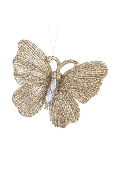 OEM Ornament Brad de Craciun Fluture Bej cu Glitter & Cristale 11x9cm