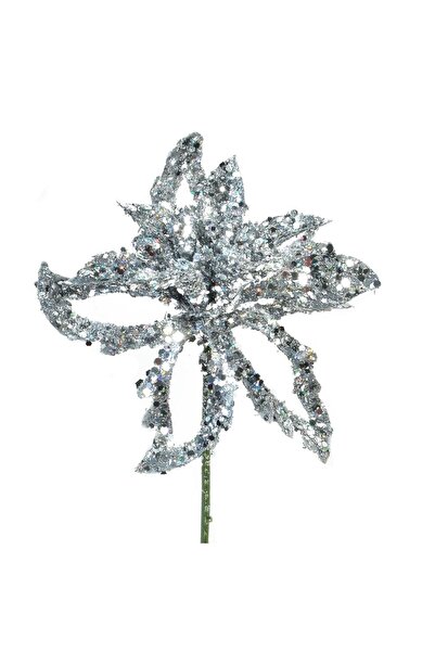 OEM Floare Decorativa de Craciun Argintie Glitter 9cm