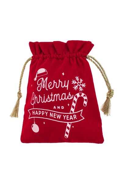 OEM Red and White Velvet Christmas Gift Bag with "Printed & Gold Lace 16x20cm