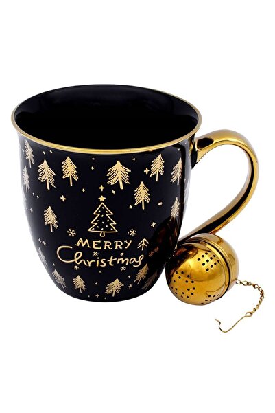 OEM New Bone Black Christmas Mug with Golden Handle "Merry Christmas" & Filter 620ml