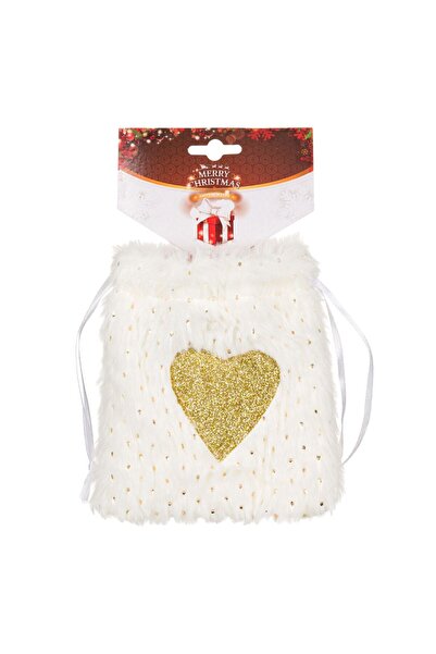 OEM Christmas Gift Bag White Fur Heart Gold Glitter 11x15cm