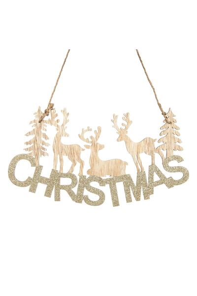 OEM Decoratiune de Craciun Suspendabila din Lemn Cerbi Glitter Bej "Christmas...