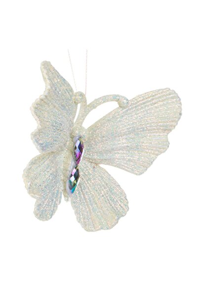 OEM Iridescent White Butterfly Christmas Tree Ornament with Glitter & Crystals 11x9cm
