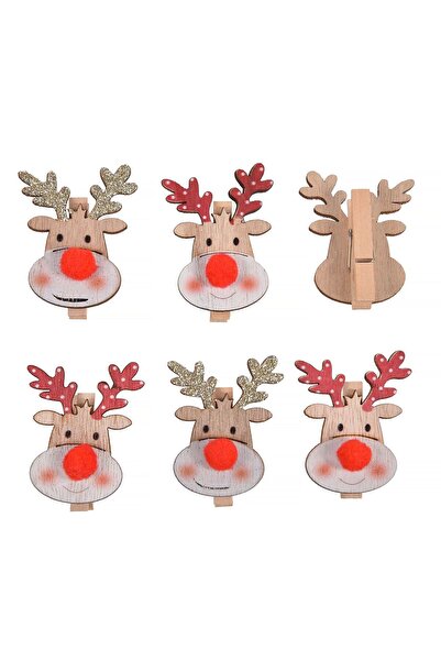 OEM Clestisori Decorativi din Lemn de Craciun Cerb cu Nas Rosu Pompon - 6buc