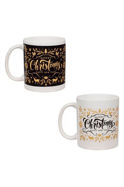 OEM Set of Christmas Ceramic Mugs Black White Merry Christmas 330ml - 2pcs