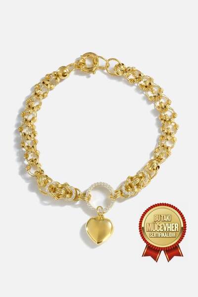 MEKS JEWELS Mikron Altın Kaplama Kalpli Dorika Gümüş Bileklik