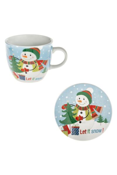 OEM Set Ceasca din Portelan de Craciun Bleu Om de Zapada Brad Cadou & Farfurie 90ml