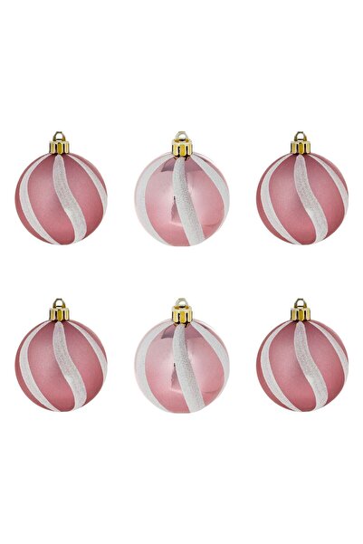 OEM Set Globuri de Craciun Roz cu Dunga Alba Mat Lucioase Glitter Ø6cm - 6buc