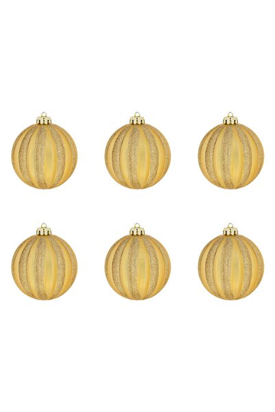 OEM Set of Matte Gold Christmas Baubles with Glitter Stripes Ø8cm - 6pcs