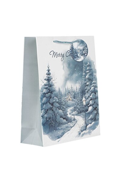 OEM Χριστουγεννιάτικη Τσάντα δώρου Χιονισμένο τοπίο μπλε με γκλίτερ 26x10x32εκ.