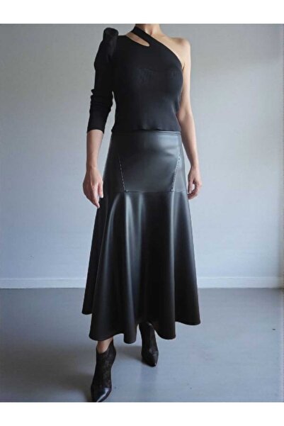 BEBE PLUS Fleece-Lined Midi Length Leather Skirt with Flounce