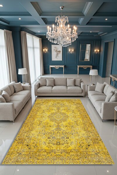 Kessy Home Studio Terra Sarı Desenli Dijital Baskı Salon Halısı Kaymaz Taban Makinede Yıkanabilir Mutfak & Yolluk