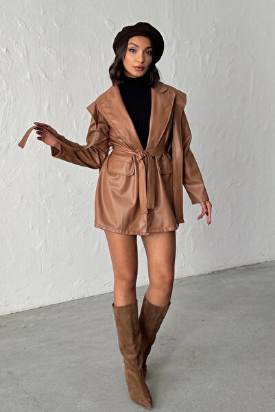 Lusin Women's Brown Double-Breasted Collar Belted Leather Jacket