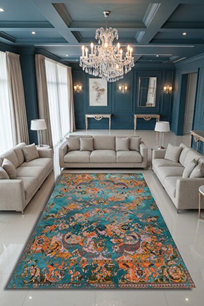 Kessy Home Studio Armis Turkuaz Vintage Desenli Yıkanabilir Halı Retro Kaymaz...