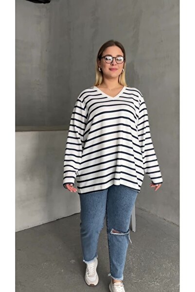 MAMAYAGA Γυναικεία μπλούζα με λαιμόκοψη σε σχήμα V, μεγάλο μέγεθος oversized φόρμας, φαρδιά άνοιγμα ρίγες, μακρυμάνικη καμπύλη μπλούζα Yumoş