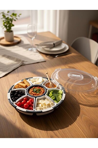 abnturk 30 cm Kapaklı 7 Bölmeli Kahvaltı ve Çerez Seti – Takılıp Çıkartılabil...