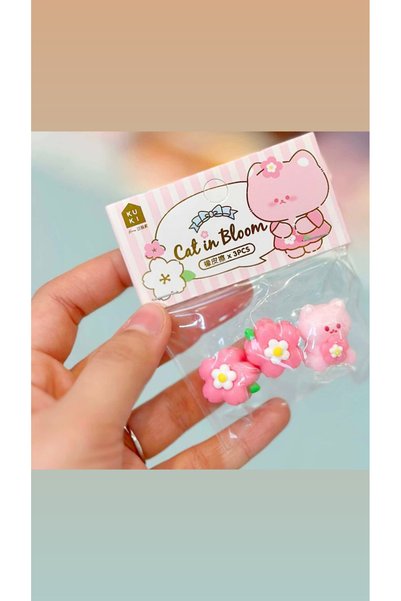 synshop Kawaii 3-piece mini figure pink teddy bear sakura flower eraser school office supplies gift set