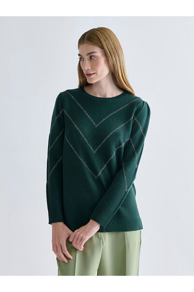 LC Waikiki Yeşil Bisiklet Yaka Çizgili Kadın Triko Kazak