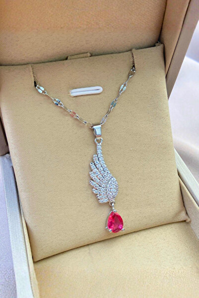 Parantez Aksesuar قلادة من الفولاذ على شكل جناح الملاك من الحجر الوردي