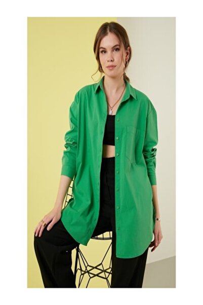NorthAK Women's Green Pocketed Oversized Poplin Shirt Casual