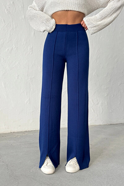 Lusin Women's Navy Blue High Waist Stylish Striped Detail Wide Leg Knitwear Trousers