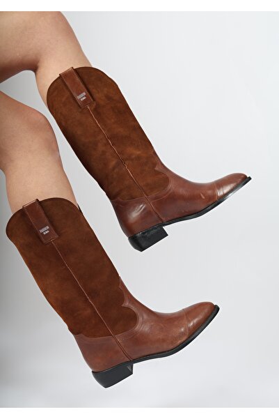 Mariolucci Hakiki Taba Deri Süet Kombin Uzun Kovboy Kadın Çizme