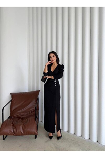 mafdress Women's Double-Breasted Collar Black Draped and Slit Long Evening Dress