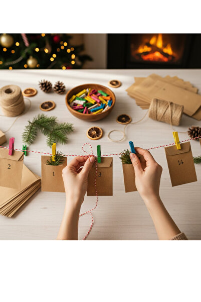 OLİ Art Yılbaşı Advent Takvimi Seti – Yılbaşı Sticker Seti, Mini Mandal, 12x20 Kese, Süsleme İpi