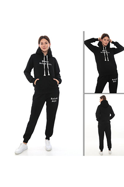 PHANTOM JEANS Μαύρο κομψό γυναικείο σετ αθλητικής φόρμας από φλις με ελαστικό πόδι και τσέπες με κουκούλα Κεντημένο σετ με λεπτομέρειες