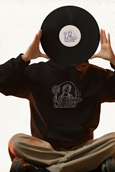 Unisex Erkek/Kadın Sacra Pizza Baskılı Pamuklu Oversize Kapüşonlu Sweatshirt