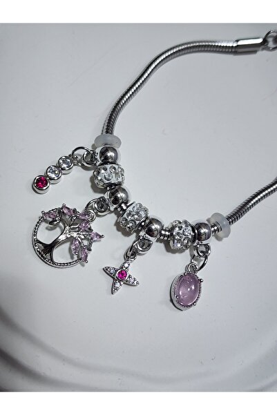 ALLEGRİA سوار نسائي من الفولاذ الإيطالي بتصميم شجرة الحياة مع أحجار وردية فضية