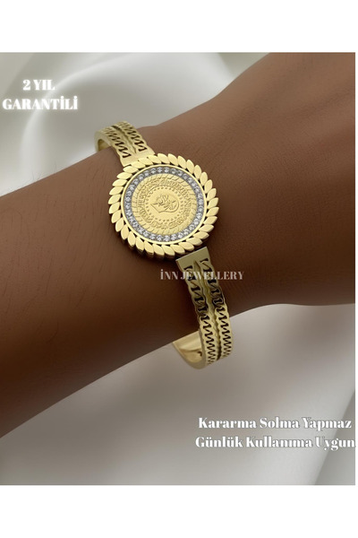 İNN JEWELLERY Çelik Kelepçe Bileklik Kararmaz Antialerjik Çeyrekli Figürlü (2 Yıl İthalatçı Garantili)