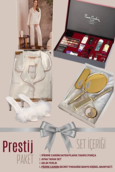 Pierre Cardin Saten Pijama , Kozmetik Çeyiz Seti , Gelin Ayna Ve Terliği